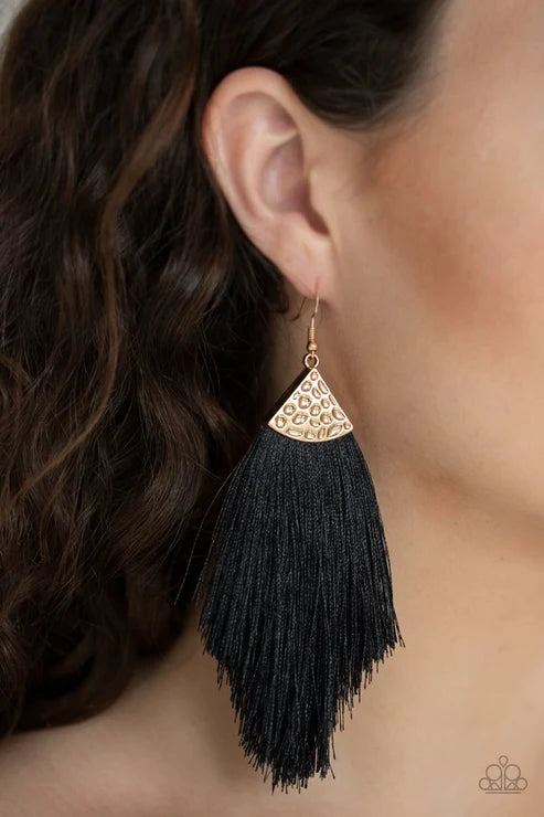 Tassel Tempo - Oversized Gold/Black Hammered Threaded Tassel Fringe Earrings E#1959