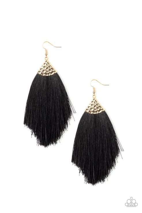 Tassel Tempo - Oversized Gold/Black Hammered Threaded Tassel Fringe Earrings E#1959