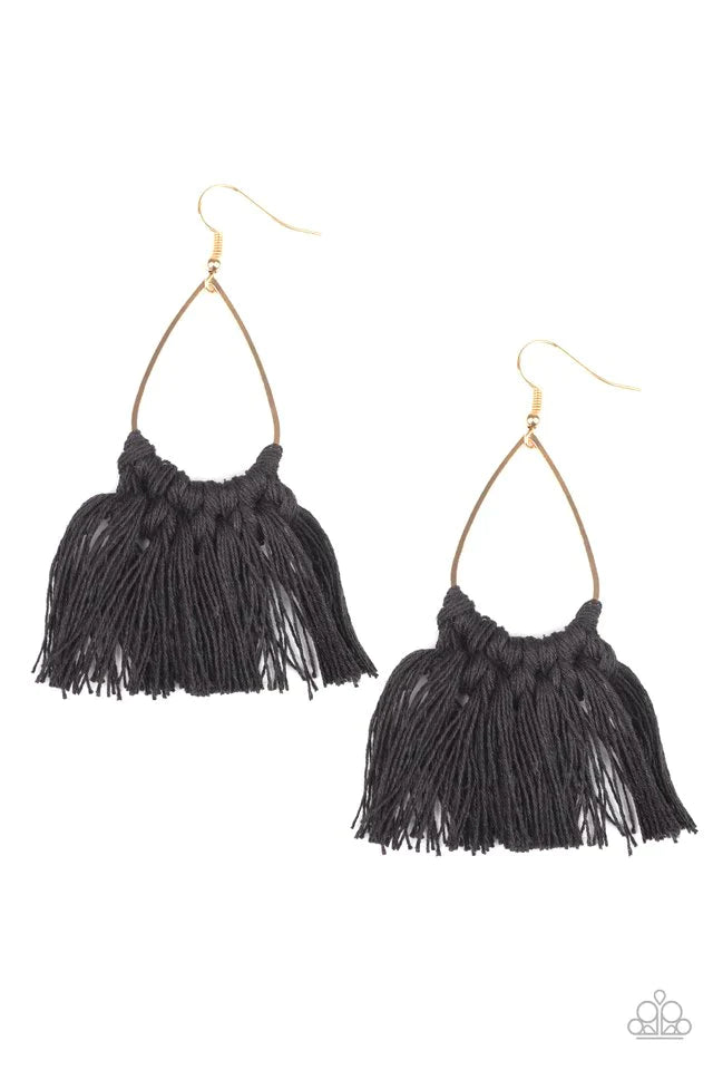 Tassel Treat - Black Knotted Tassel Fringe Earrings E#1383