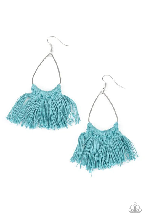 Tassel Treat - Blue Knotted Tassel Fringe Earrings E#2384