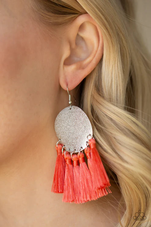 Tassel Tribute - Oversized Orange (Coral) Threaded Tassel Fringe Earrings E#2463