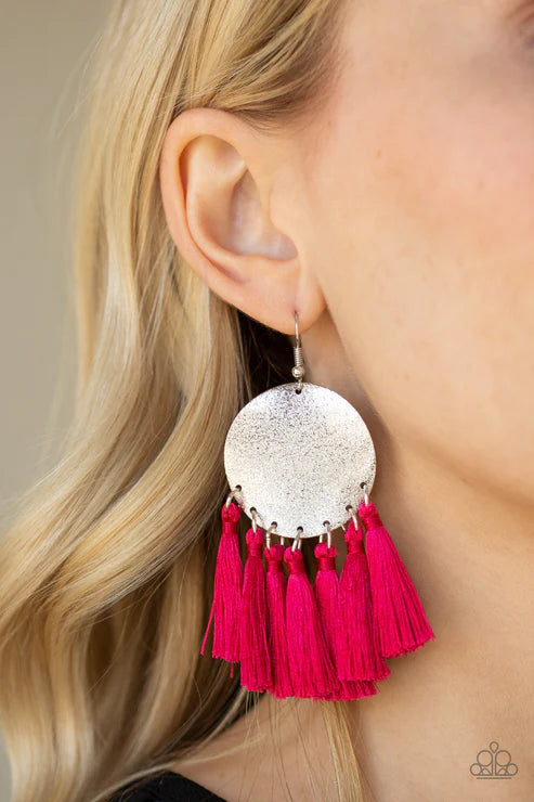 Tassel Tribute - Oversized Pink Threaded Tassel Fringe Earrings E#2142