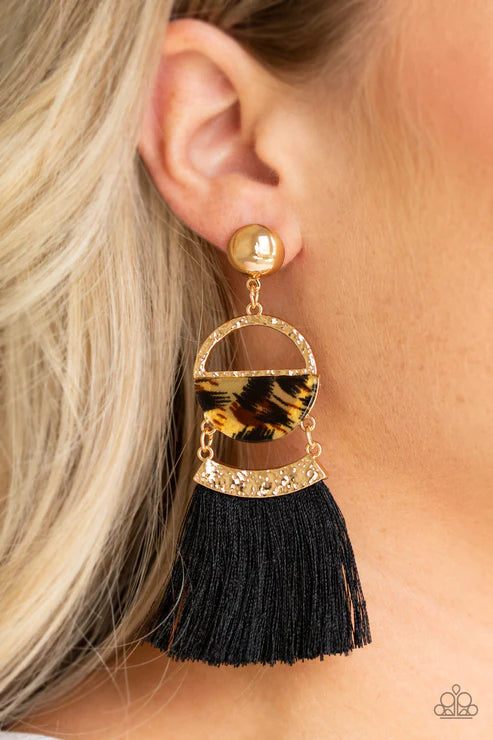 Tassel Trot - Multi/Gold Shimmery Gold Stud Links Hammered Cheetah Print Accent Black Threaded Tassel Retro Lure Earrings E#2393