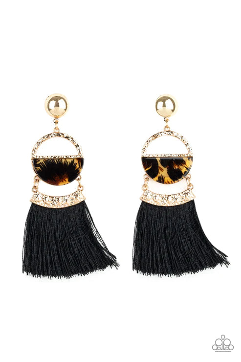 Tassel Trot - Multi/Gold Shimmery Gold Stud Links Hammered Cheetah Print Accent Black Threaded Tassel Retro Lure Earrings E#2393