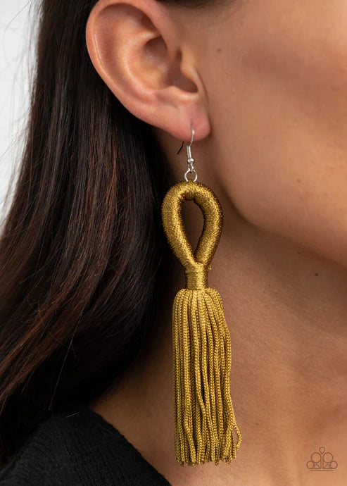 Tassels and Tiaras - Oversized Green (Military Olive) Loops/Knots Cording Tassel Earrings E#2585