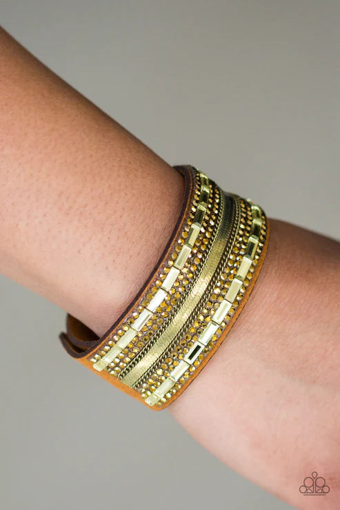 Teasingly Tomboy - Brass Mismatched Chain Emerald-Cut Encrusted Suede Bracelet B#1570