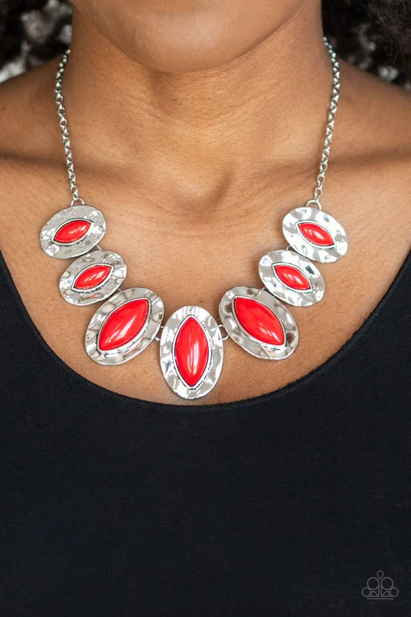 Terra Color - Oversized Fiery Red Dotted Hammered Geometric Fan Necklace N#403