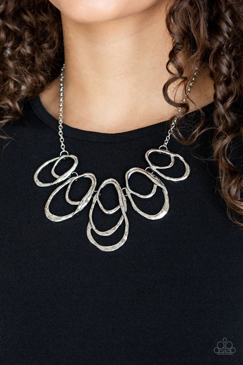 Terra Storm - Oversized Silver Asymmetrical Overlap Hammered Teardrop Fringe Necklace N#2562