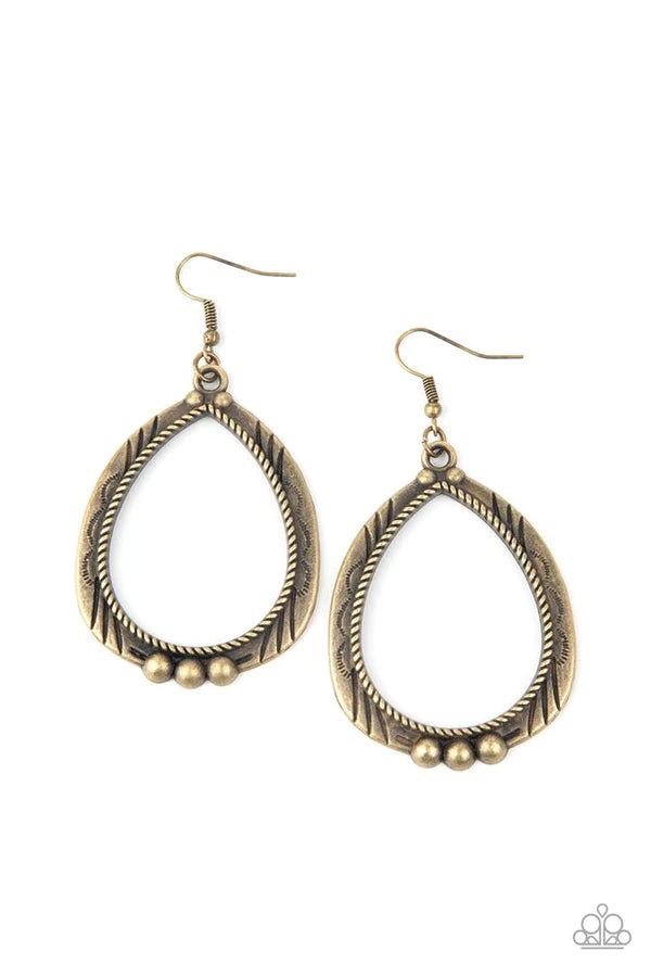 Terra Topography - Oversized Brass Rustic Decorated Metallic Rope Textures Studded Stamped/Etched Tribal Teardrop Earrings E#1420