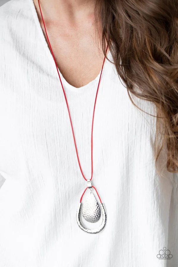 Texture Trekker - Oversized Red Hammered "Swing" Accent Teardrop Necklace N#976
