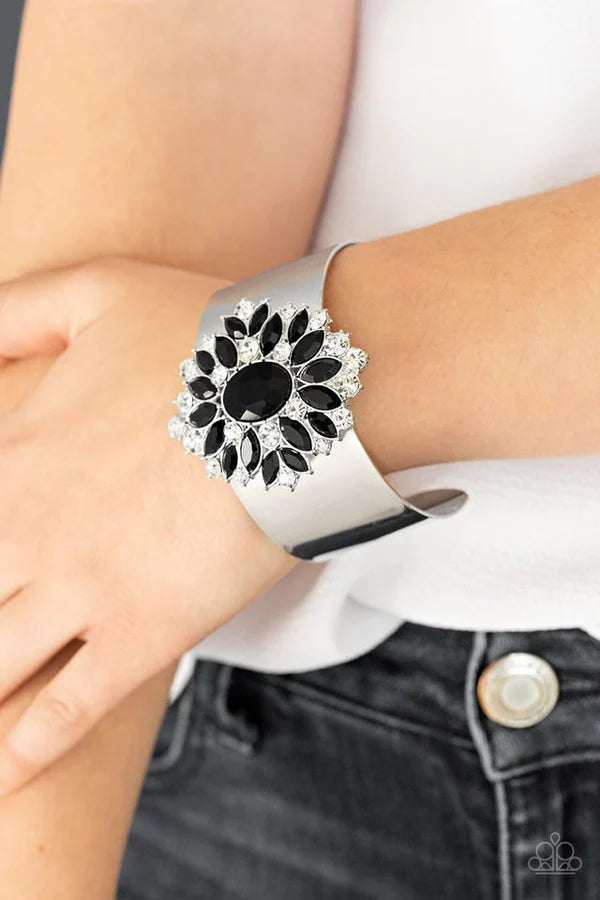 The Fashionmonger - Oversized Black Oval/Round/Marquise Cut 3D Floral Cuff Bracelet B#1051