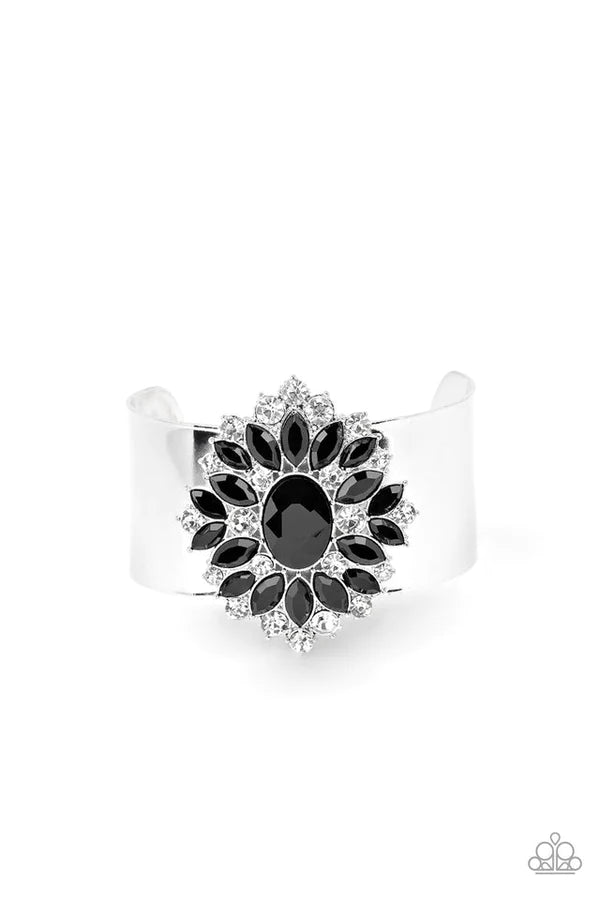 The Fashionmonger - Oversized Black Oval/Round/Marquise Cut 3D Floral Cuff Bracelet B#1051