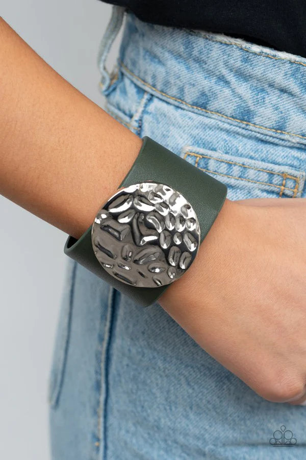 The Future Looks Bright - Oversized Green Hammer Studded Disc Leather Bracelet B#058