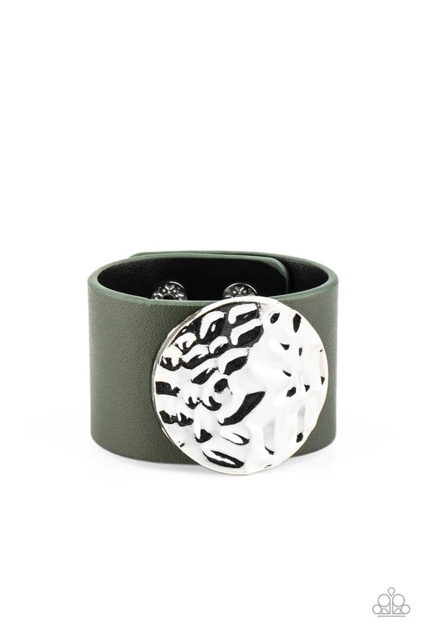 The Future Looks Bright - Oversized Green Hammer Studded Disc Leather Bracelet B#058