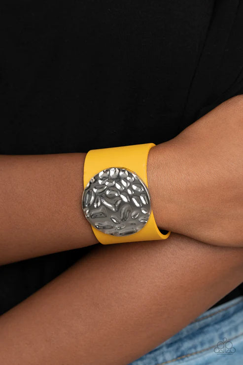 The Future Looks Bright - Oversized Yellow Hammer Studded Disc Leather Bracelet B#1699