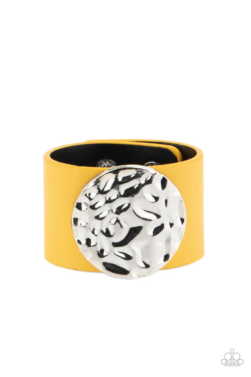 The Future Looks Bright - Oversized Yellow Hammer Studded Disc Leather Bracelet B#1699