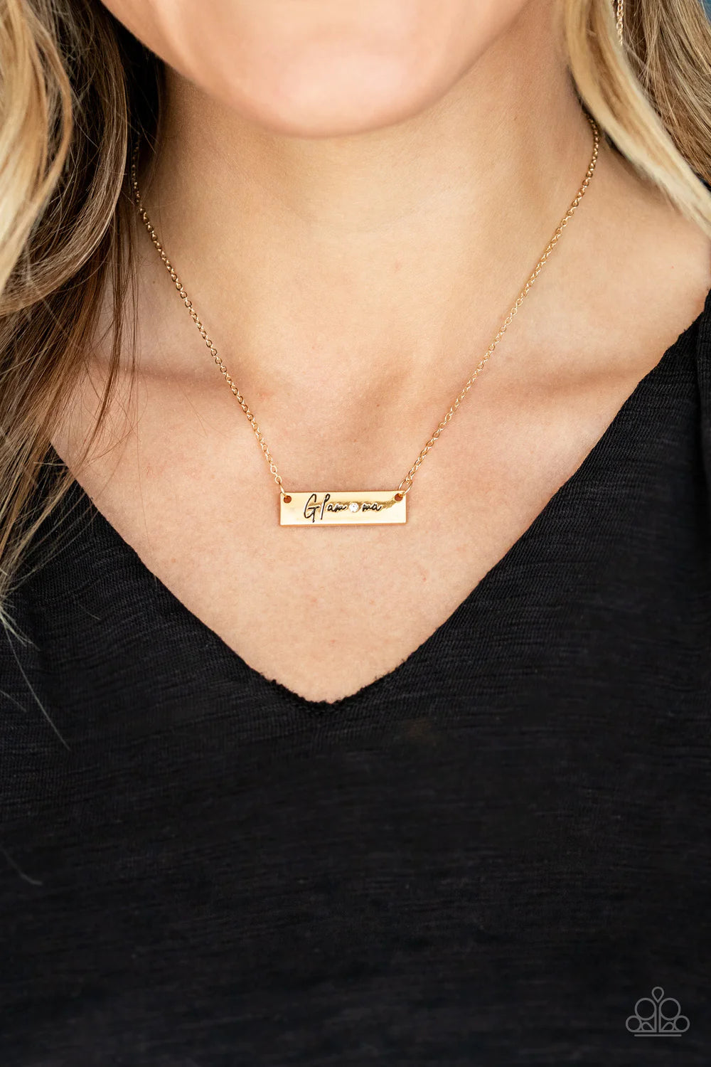 The GLAM-ma - Gold Stamped "Glam-ma" Rectangular Suspended  Encrusted Necklace N#354