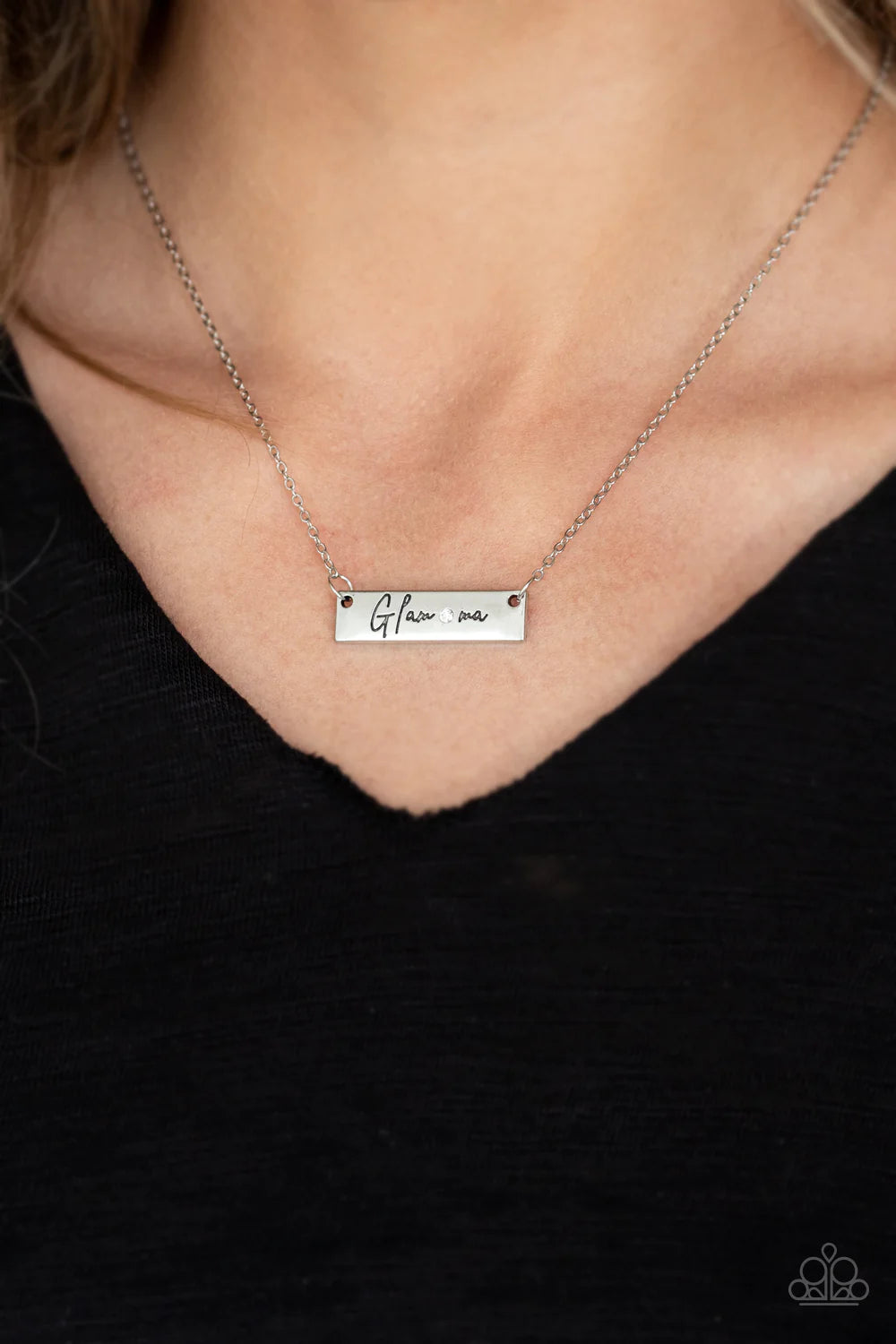 The GLAM-ma - White Stamped "Glam-ma" Rectangular Suspended Encrusted Necklace N#355