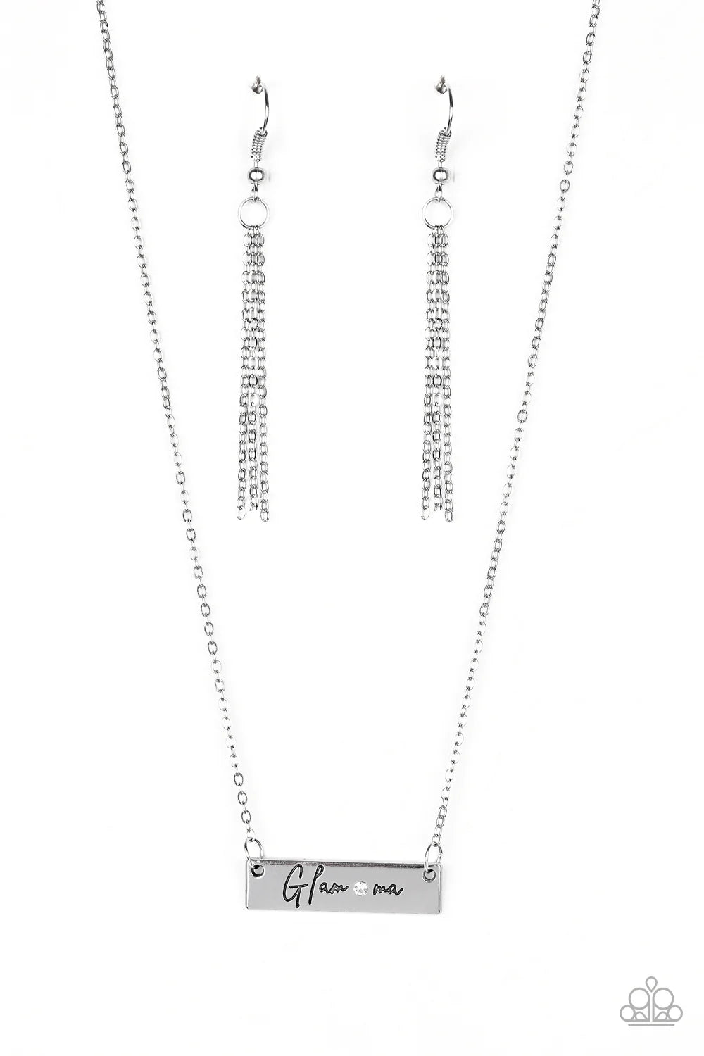 The GLAM-ma - White Stamped "Glam-ma" Rectangular Suspended Encrusted Necklace N#355