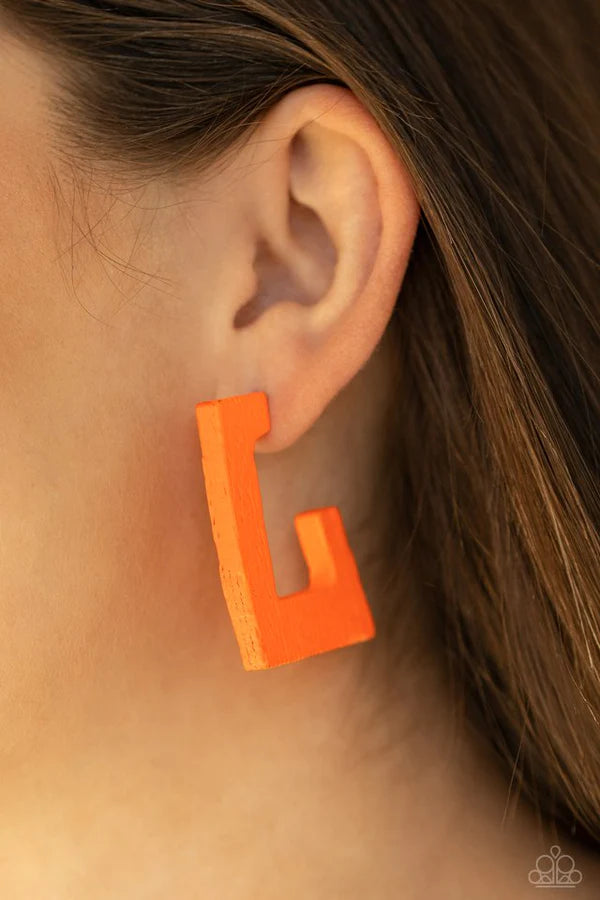 The Girl Next OUTDOOR - Neon Orange Rectangular Distressed Wood Curved Hoop Earrings E#1484