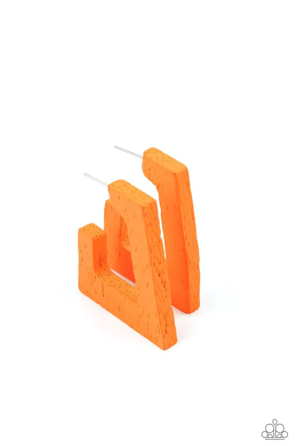 The Girl Next OUTDOOR - Neon Orange Rectangular Distressed Wood Curved Hoop Earrings E#1484