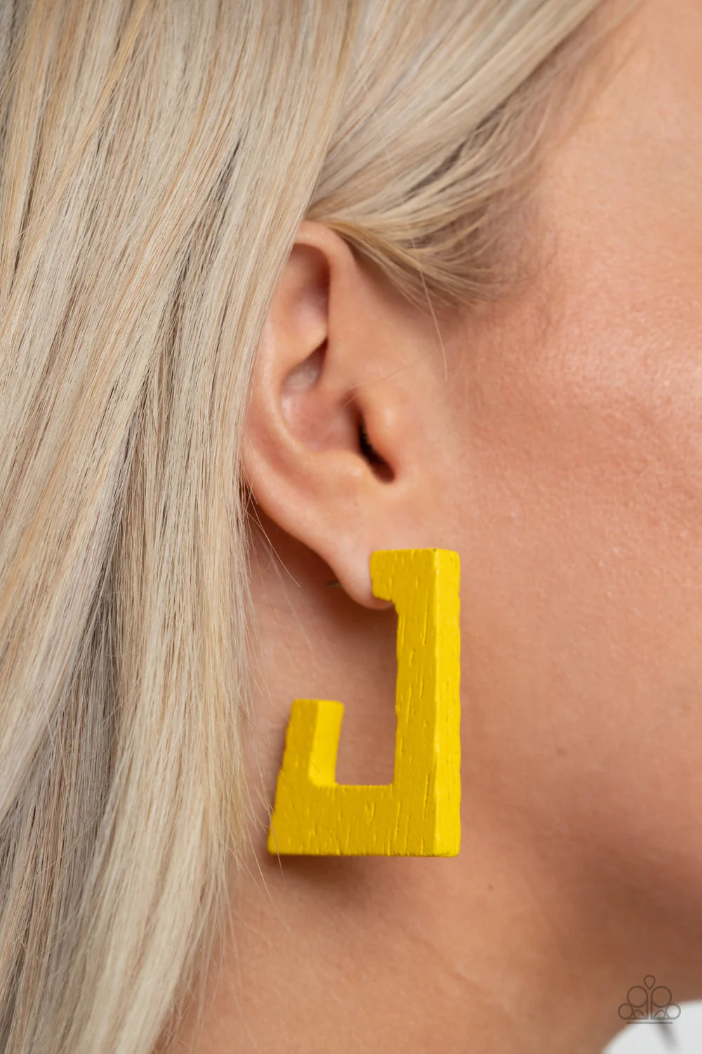 The Girl Next OUTDOOR - Sunny Yellow Rectangular Distressed Wood Curved Hoop Earrings E#1429