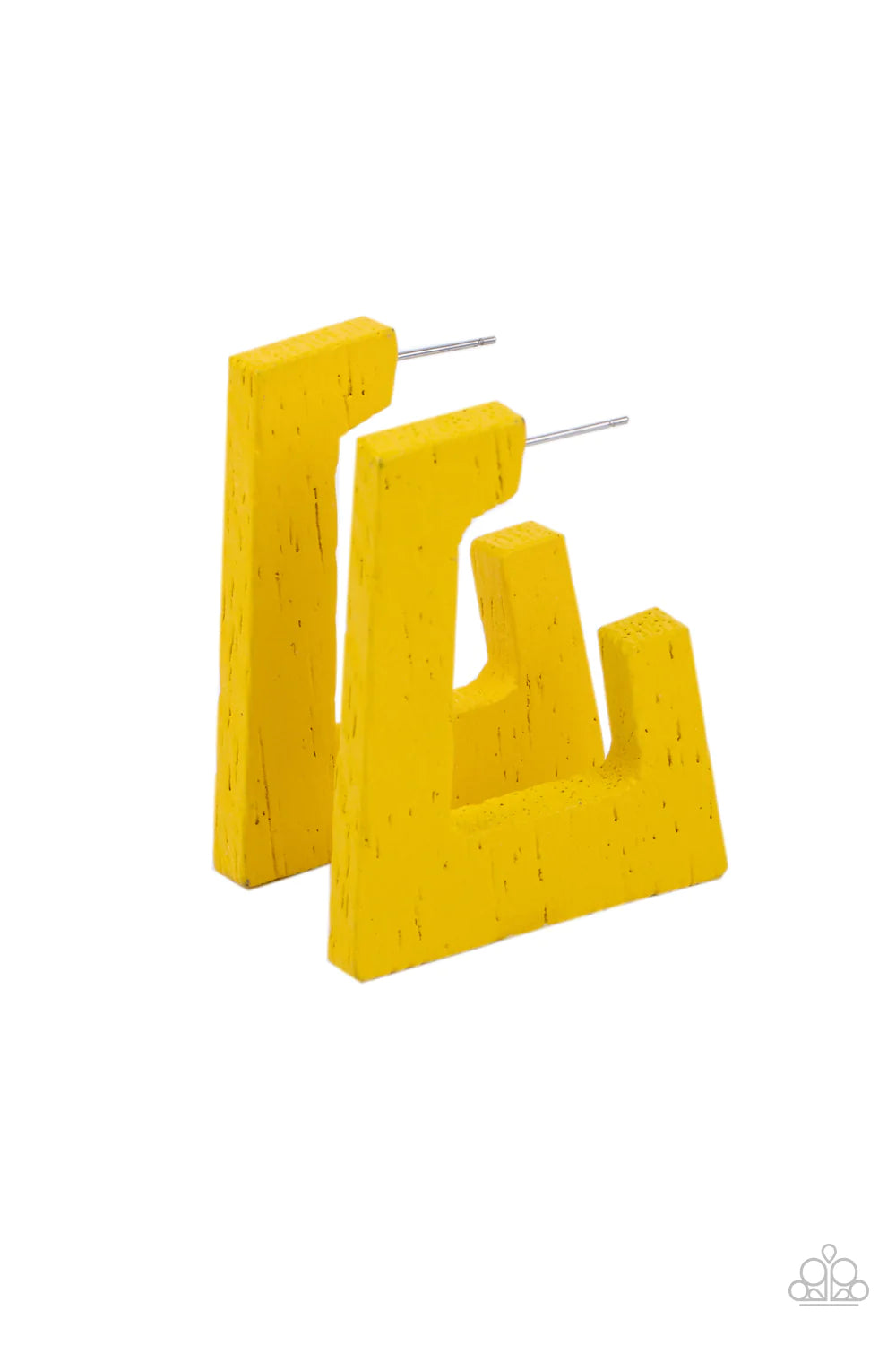 The Girl Next OUTDOOR - Sunny Yellow Rectangular Distressed Wood Curved Hoop Earrings E#1429