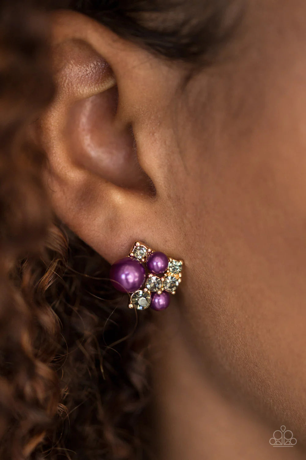 The Hostess With The POST-est - Purple/Gold Pearl Smoky Encrusted Cluster Bouquet Earrings E#1356