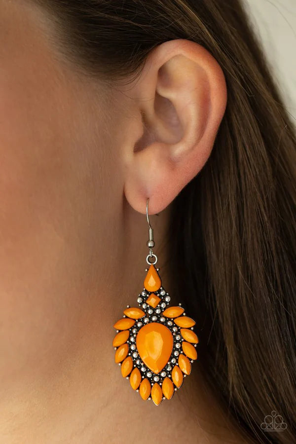 The LIONESS Den - Oversized Orange Tiger Faceted Studded Square/Marquise/Teardrop Earrings E#2544
