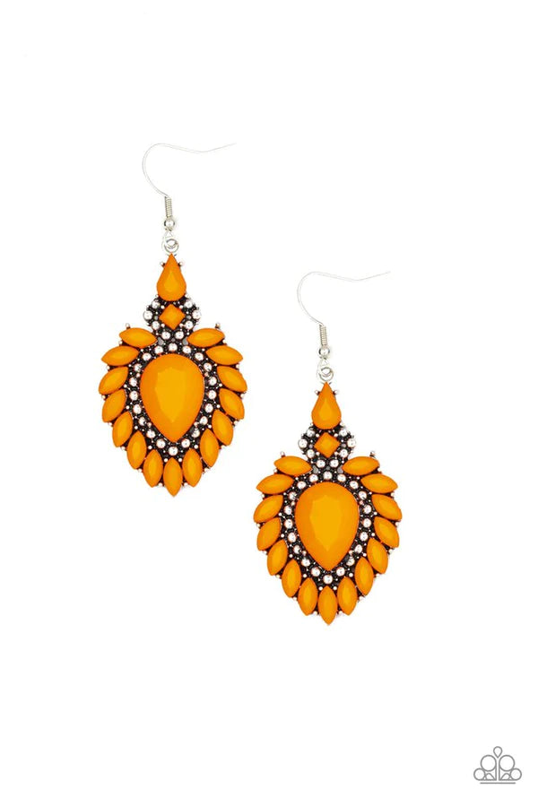 The LIONESS Den - Oversized Orange Tiger Faceted Studded Square/Marquise/Teardrop Earrings E#2544