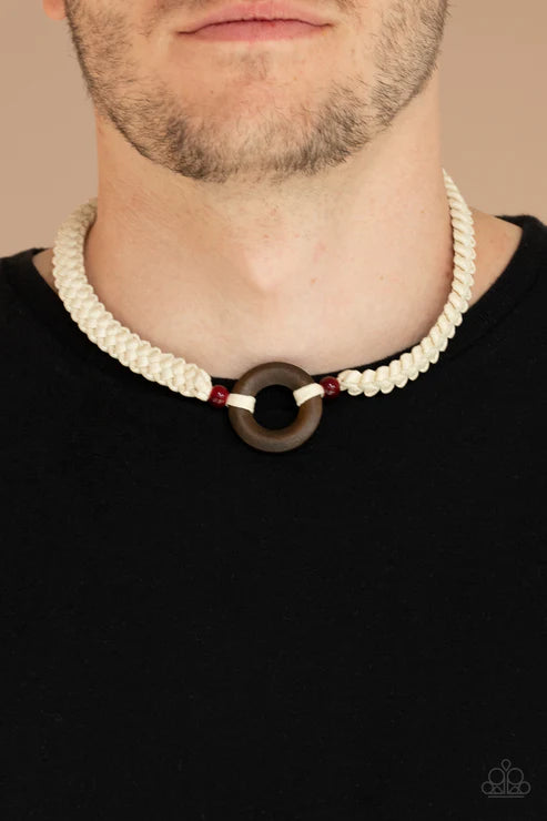 The MAINLAND Event - Oversized Red Glassy Knotted Braided Cord Wood Hoop Button Loop Closure Urban Necklace N#1629