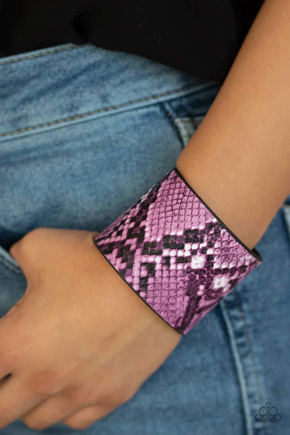 The Rest Is HISS-tory - Oversized Purple (Purple/Black/White) Wild Python Print Leather Wrap Adjustable Snap Closure Bracelet B#108