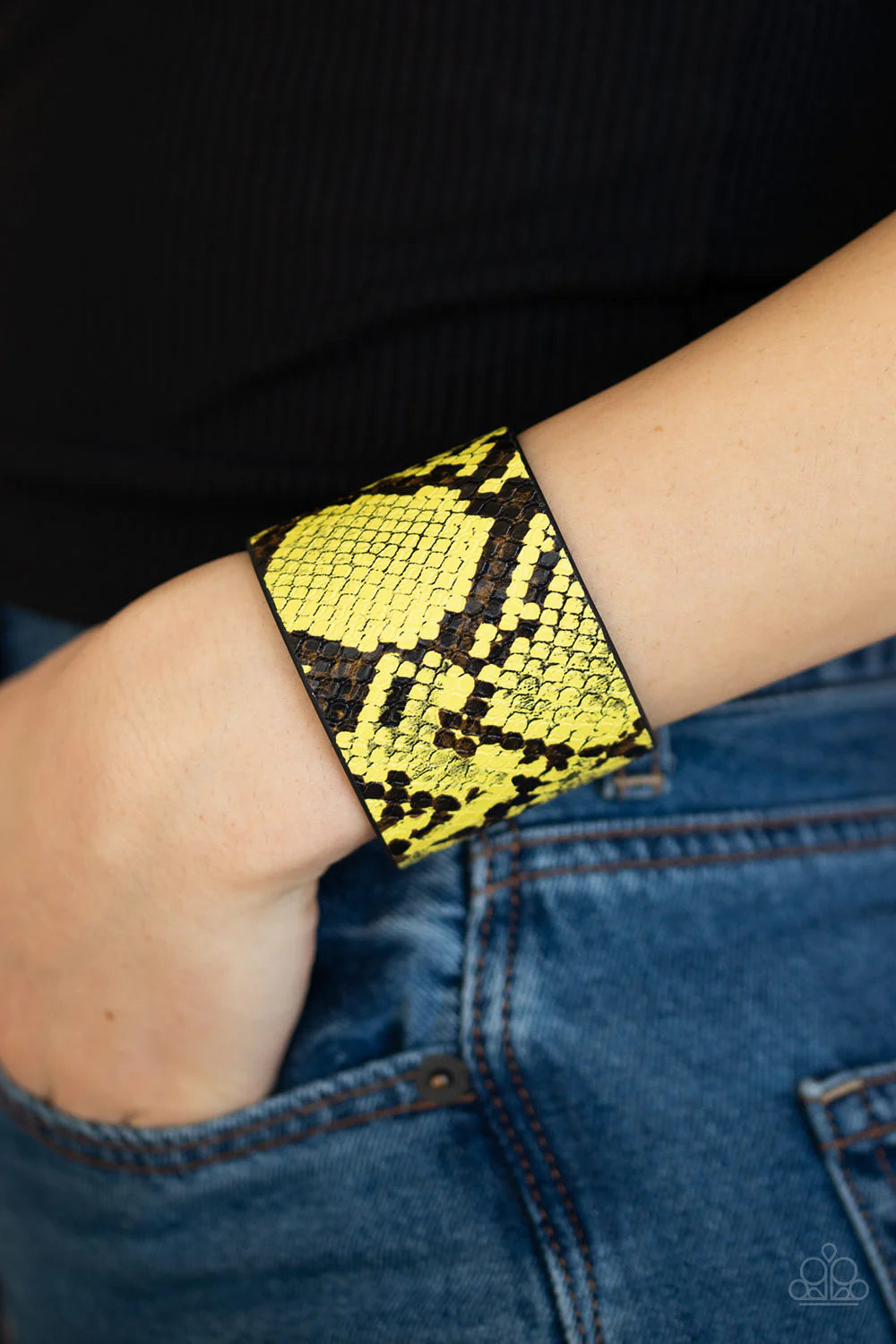 The Rest Is HISS-tory - Oversized Yellow (Yellow/Black) Wild Python Print Leather Wrap Adjustable Snap Closure Bracelet B#585