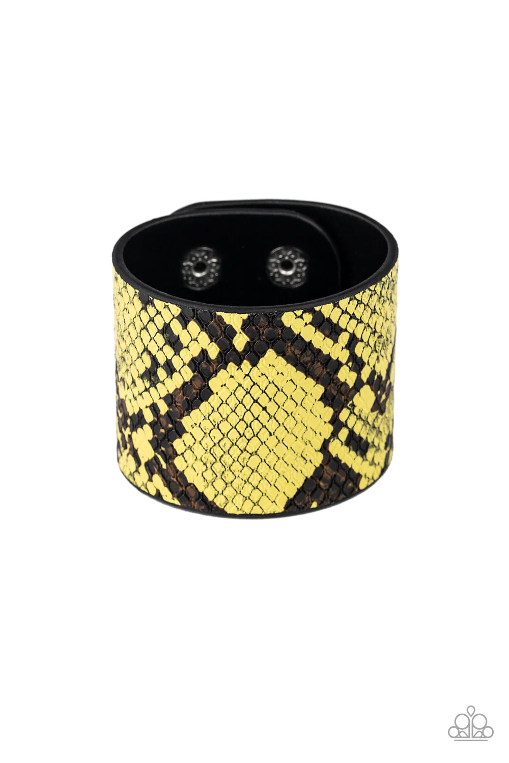 The Rest Is HISS-tory - Oversized Yellow (Yellow/Black) Wild Python Print Leather Wrap Adjustable Snap Closure Bracelet B#585