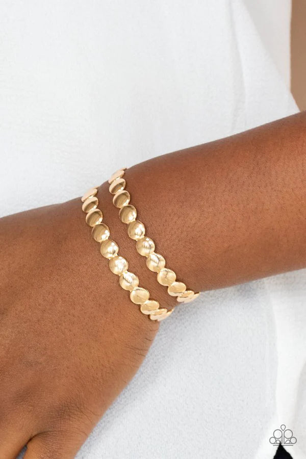 On The Spot Shimmer - Gold Flattened Studded Coalesce Cuff Bracelet B#343