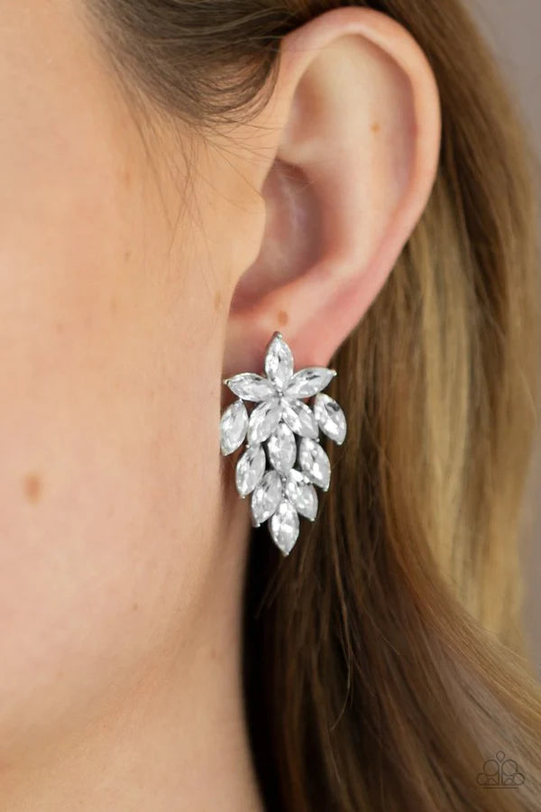 They See Me Glowin - White Floral Studded Flared Marquise Cut Accent Earrings E#712