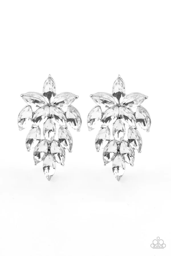 They See Me Glowin - White Floral Studded Flared Marquise Cut Accent Earrings E#712