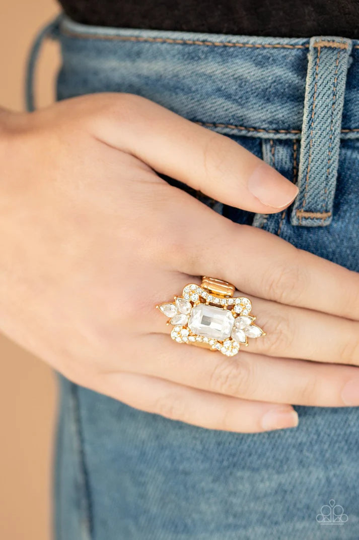 Things That Go Boom! - Oversized Gold Round/Teardrop Emerald Cut Encrusted Ring R#1204