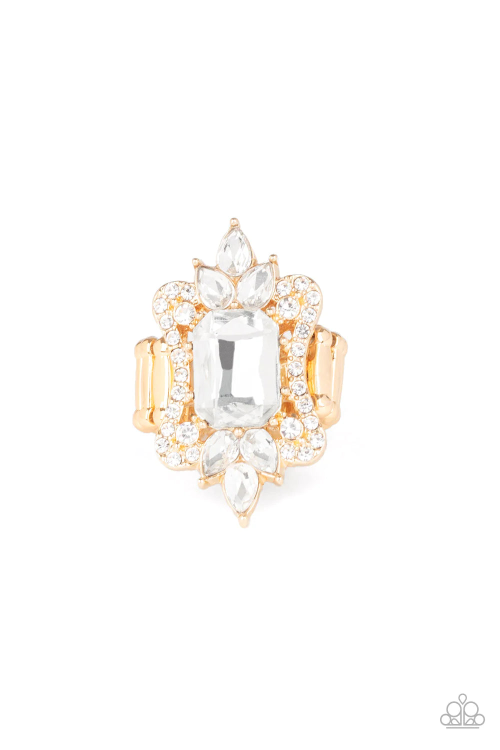 Things That Go Boom! - Oversized Gold Round/Teardrop Emerald Cut Encrusted Ring R#1204