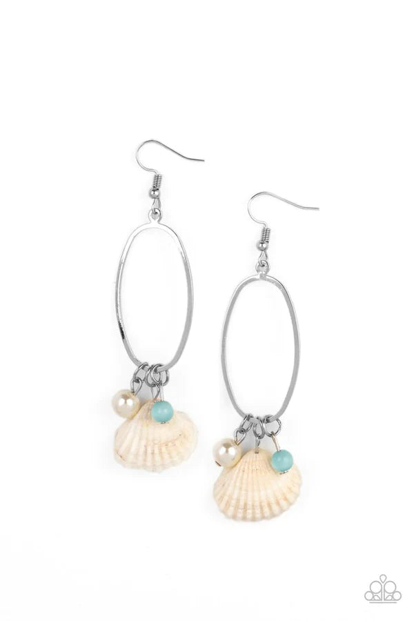 This Too SHELL Pass - Oversized Blue Airy Oval Beach Shell/Pearl/Cat's Eye Moonstone Tassel Earrings E#171