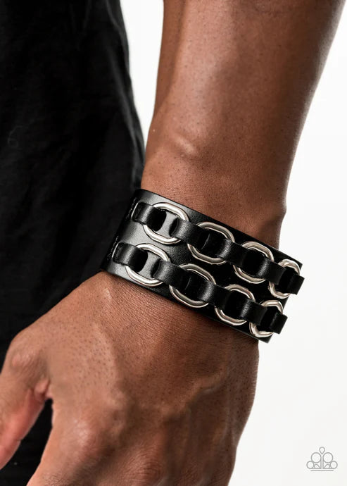 Throttle It Out - Oversized Black/Silver Gritty Leather Lace Link Urban Bracelet B#1517