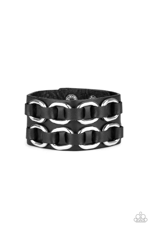 Throttle It Out - Oversized Black/Silver Gritty Leather Lace Link Urban Bracelet B#1517