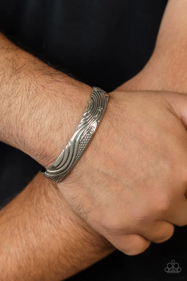 Tidal Trek - Silver Embossed Geometric Texture Wave Curled Cuff *Unisex* Urban Bracelet B#525
