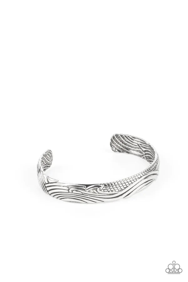 Tidal Trek - Silver Embossed Geometric Texture Wave Curled Cuff *Unisex* Urban Bracelet B#525