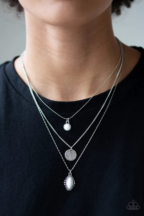 Tide Drifter - White Trio Mismatched Round Marquise Scratched Disc Necklace N#2046