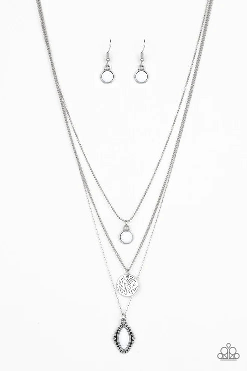 Tide Drifter - White Trio Mismatched Round Marquise Scratched Disc Necklace N#2046