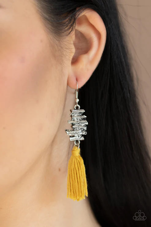 Tiki Tassel - Yellow (Golden) Abstract Stacked Tassel Fringe Earrings E#2172