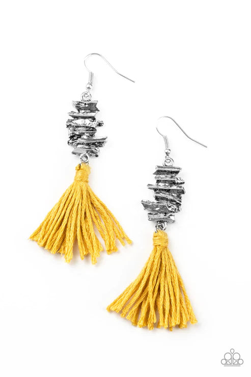 Tiki Tassel - Yellow (Golden) Abstract Stacked Tassel Fringe Earrings E#2172