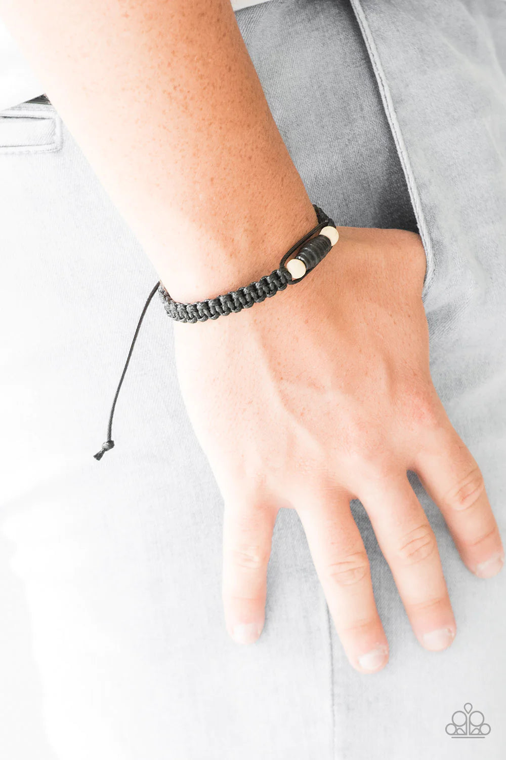 Tiki Traveler - Black/White Knotted Cording/Wood Adjustable Sliding Knot Closure Urban Bracelet B#1139