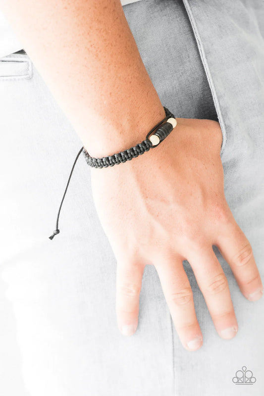 Tiki Traveler - Black/White Knotted Cording/Wood Adjustable Sliding Knot Closure Urban Bracelet B#1139